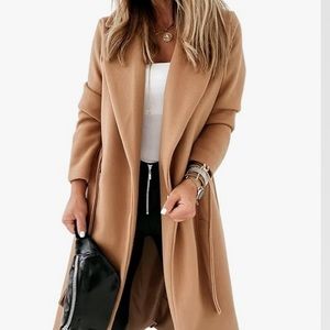 Womens long camel belted coat